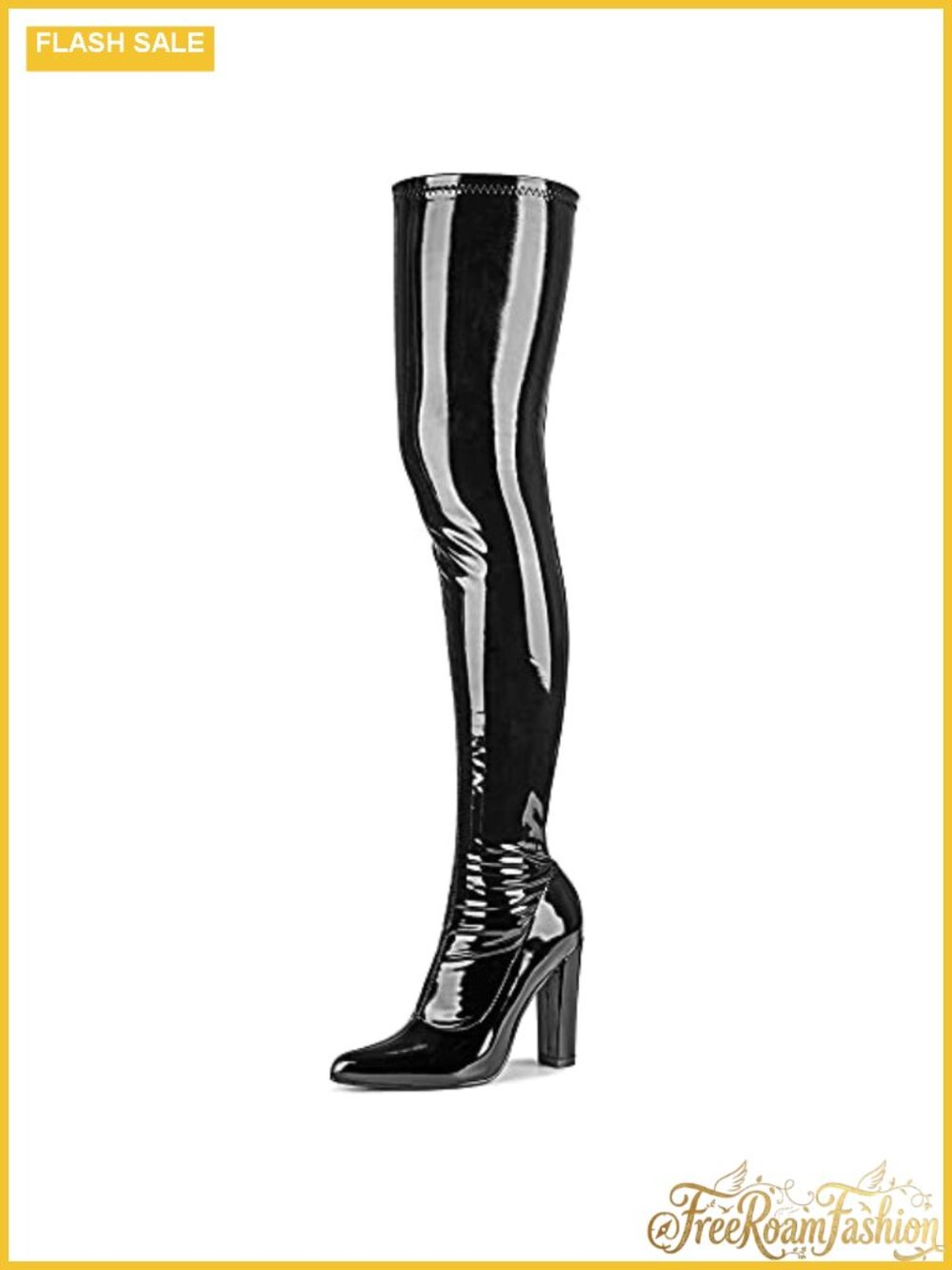Patent Leather Thigh High Block Heel Gogo Boots Pointed Toe Over the Knee